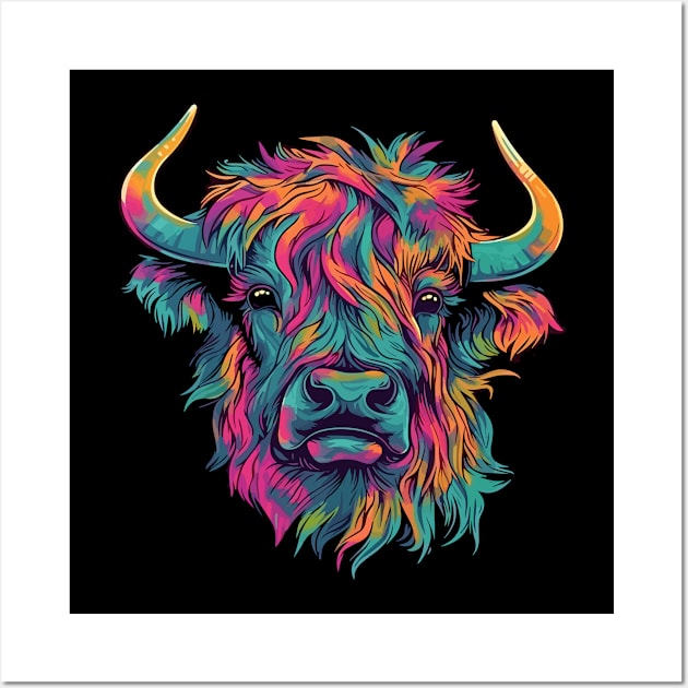 Scottish Hairy Highland Cow Colourful Wall Art by soondoock